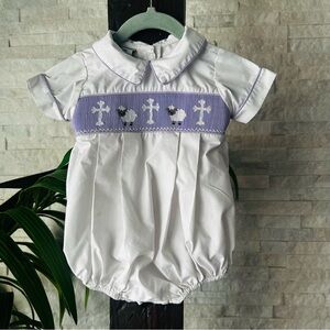 Staches and Lashes Smocked Easter Cross Sheep Lamb Smocked 6M Bubble Outfit